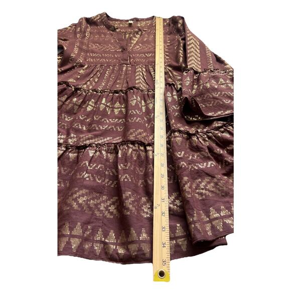 Elan Tiered Dress Womens Medium Brown Gold Babydoll Bell Sleeves Pull Over Boho - Picture 6 of 9
